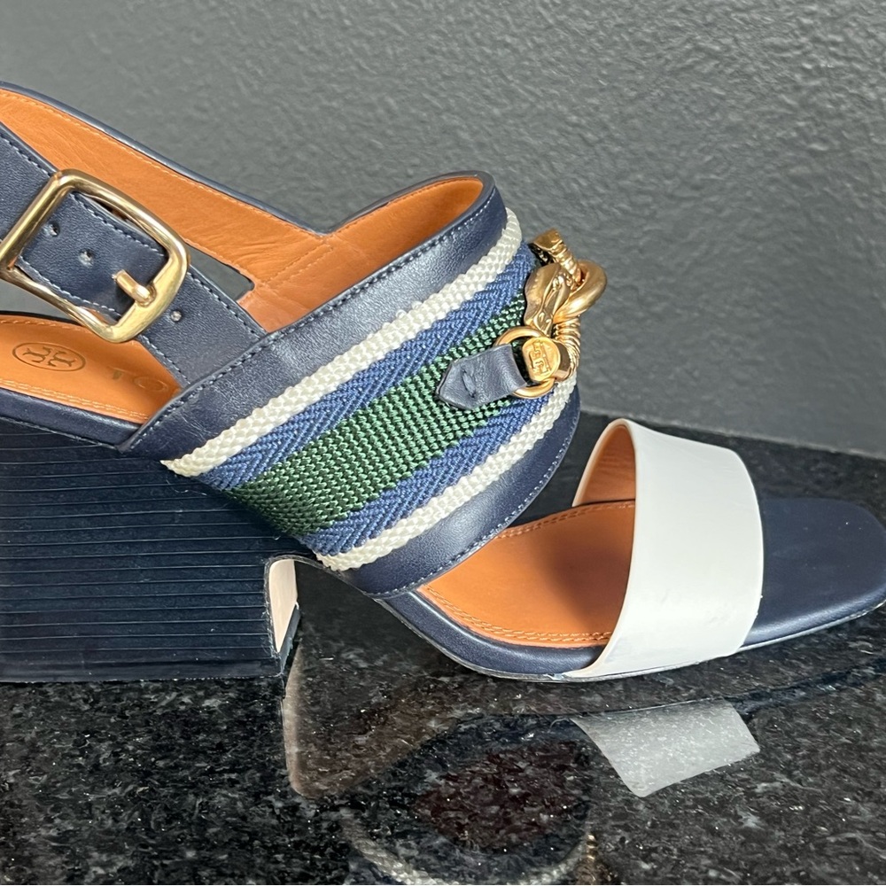 Tory Burch Blue and Green Sandals with Chunky Wedge Heel - Picture 2 of 15